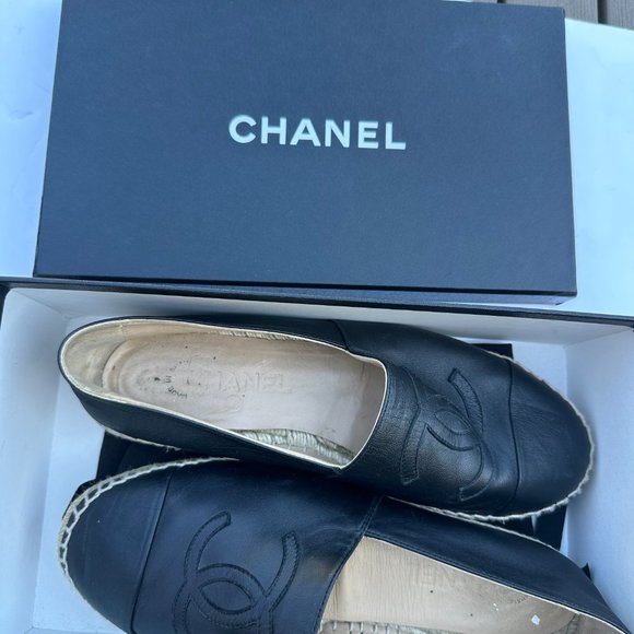 Chanel CC Espadrilles Flat Loafers Sz 40 Lambskin Leather Black - Picture 4 of 16